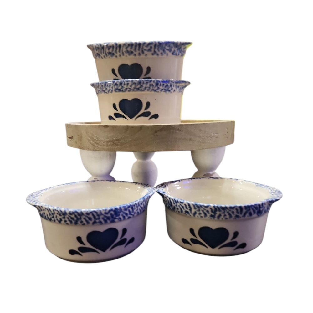 Set Of 4 Vintage Blue Heart Patterned Baking Casserole Or Dessert Dish